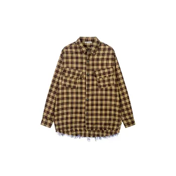 Plaid Raw Hem Cotton Blended Fabric Shirt
