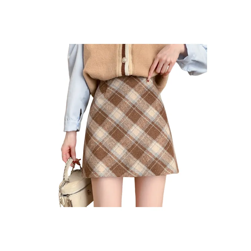 Retro Plaid Woolen Fabric Casual Skirt Women-2