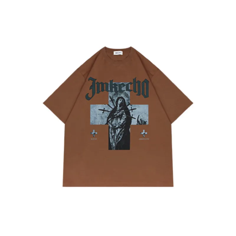 Retro Antique Washed Cross Figure Print T shirt-23