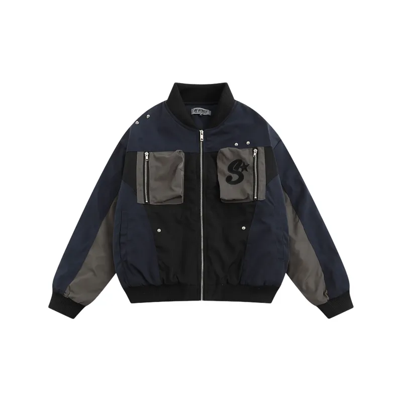 High Street Retro Niche Color matching Multi pocket Cotton padded Functional Baseball Suit-4