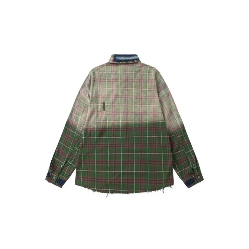 Vintage Hanging Dye Washed Hole Ancient Plaid Shirt-3