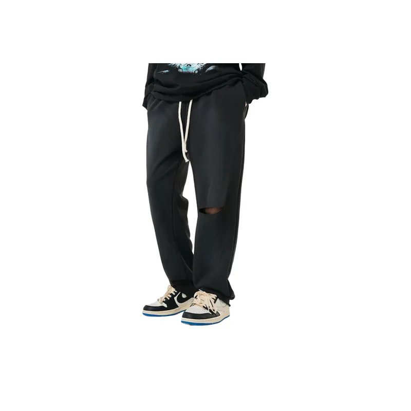 Solid Color Ripped Drawstring Jogger Pants-2