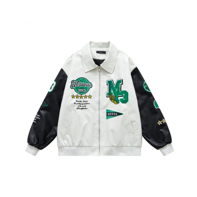 Fashion Brand Street PU Leather Stitching Embroidered Jacket