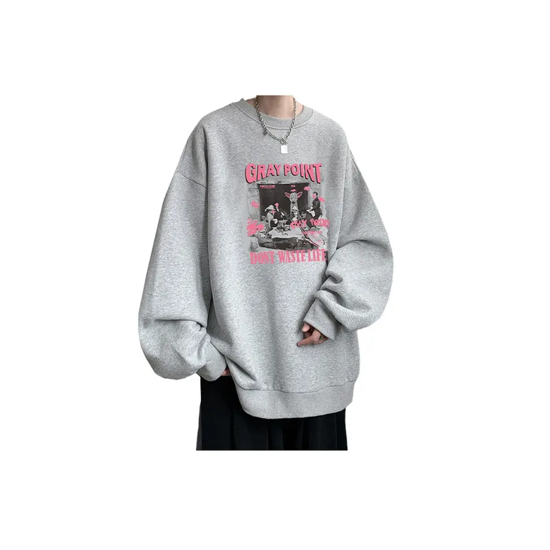 Fashion High Street Hip hop Crewneck Loose Fleece lined Thickened Sweatshirt-6
