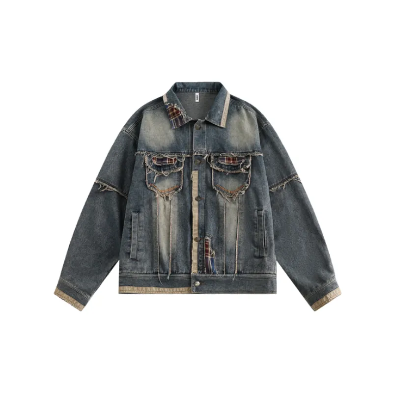 Tide Retro Washed Plaid Stitching Denim Jacket-0