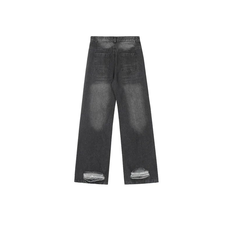 Washed & Distressed Denim Straight Leg Trousers-1