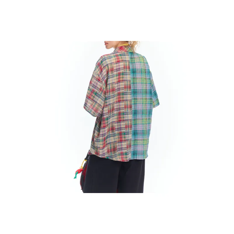 Contrast Color Asymmetric Color Grid Breathable Short Sleeved Shirt-3