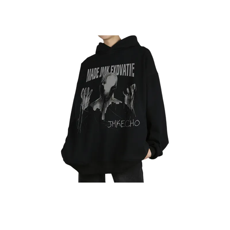 Retro Dark Ghost Print Fleece High Street Loose Hoodie-9
