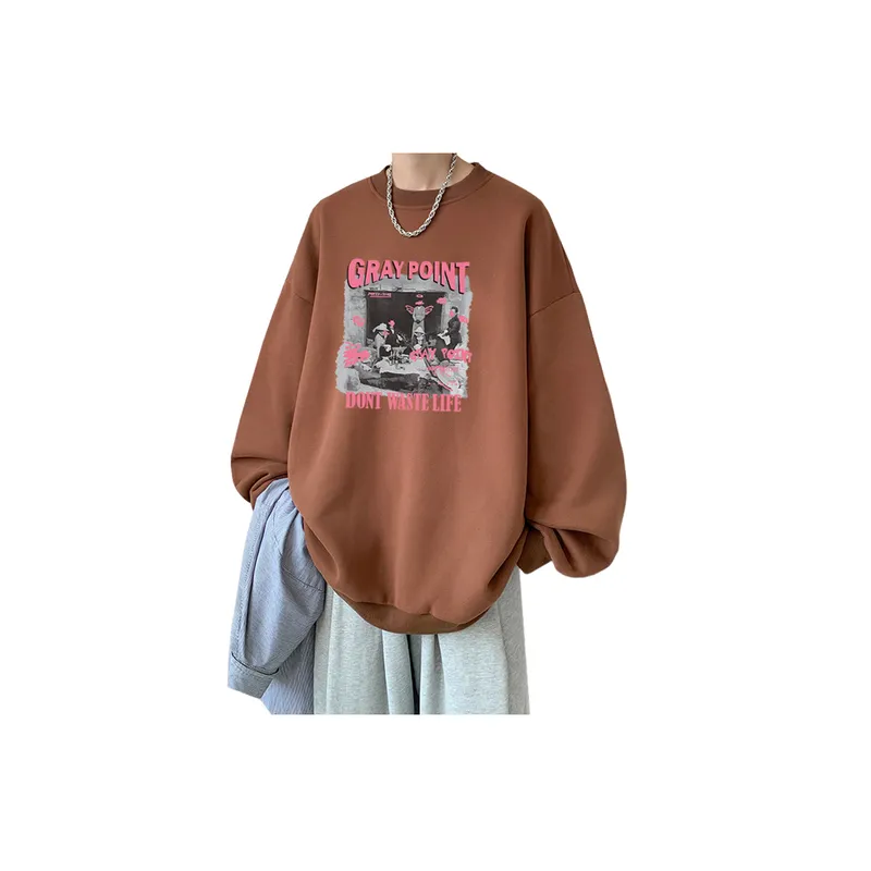 Fashion High Street Hip hop Crewneck Loose Fleece lined Thickened Sweatshirt-2