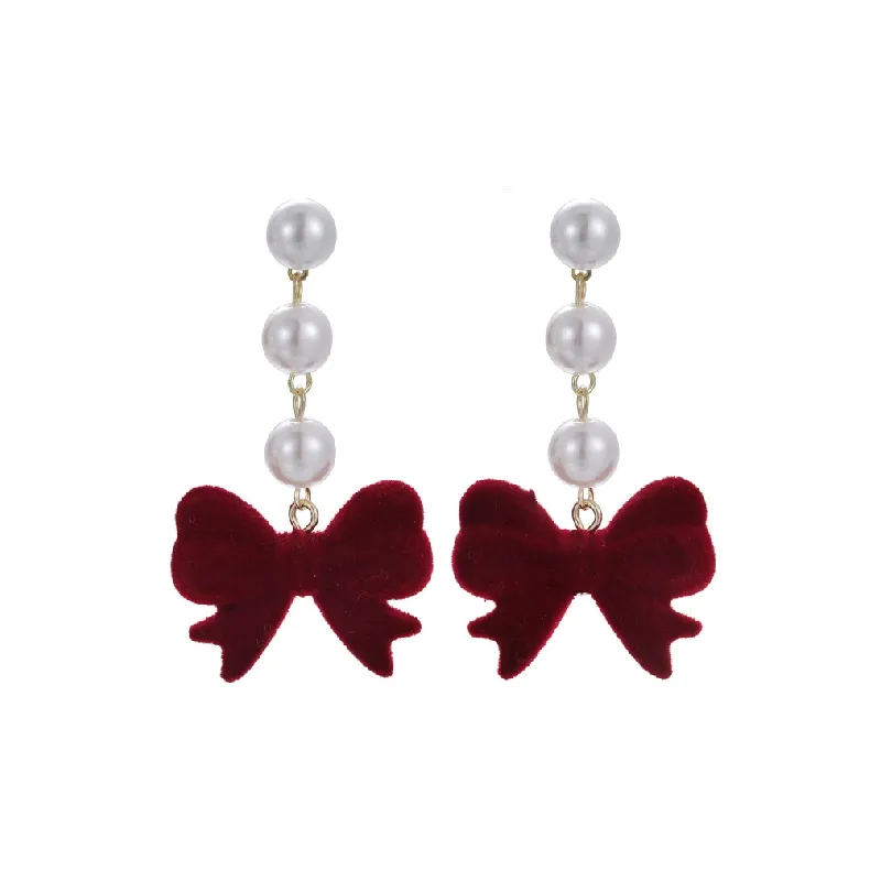 Fashionable Bow Pearl Fringe Earring-0