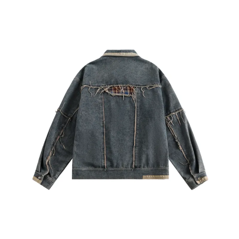 Tide Retro Washed Plaid Stitching Denim Jacket-1