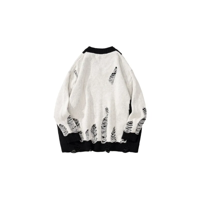Design Sense Stitching Outer Wear Knitwear V Neck Lazy Pullover Loose Neutral Sweatshirt-1