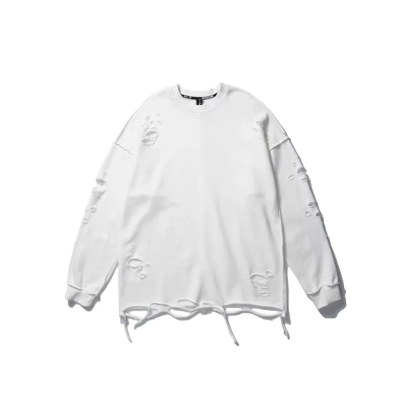 Solid Color Simple Distressed Long Sleeve Sweatshirt-0