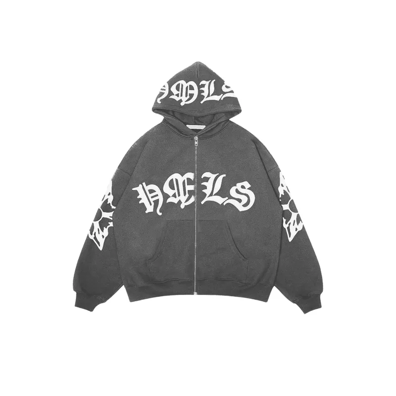 Zipper Gothic Letter Print Hoodie-0
