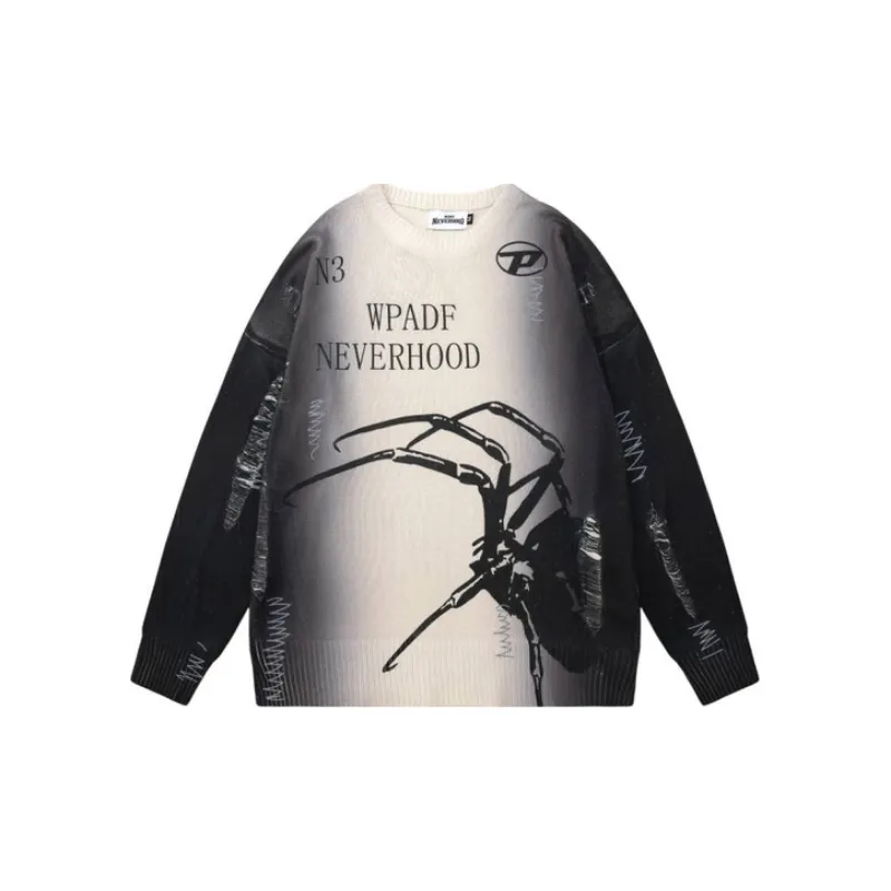 Crewneck Contrast Color Loose Gradient Knitted Spider Sweater-0