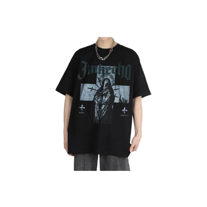 Retro Antique Washed Cross Figure Print T shirt-12