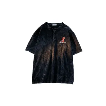 Casual Hip hop Loose Embroidered Washed Crewneck Half sleeve T shirt