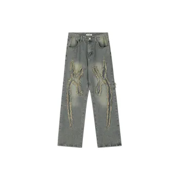 High Street Washed Old Ripped Stitched Cat Whiskers Jeans