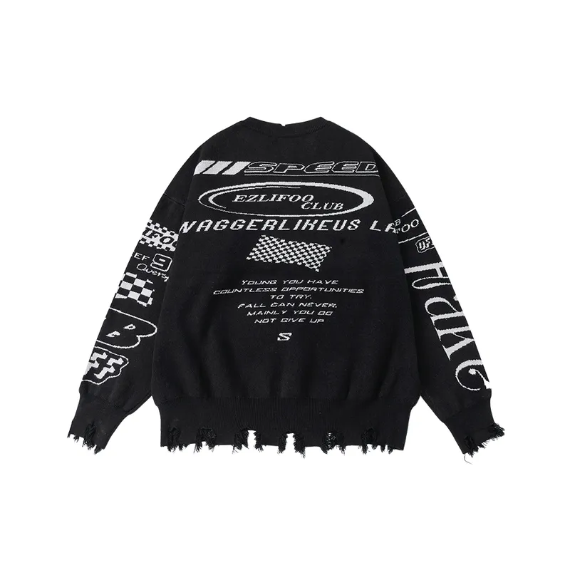 Trendy Brand Retro Fur Edge Racing Suit Alphabet Jacquard Black Sweater swag OOTD-1