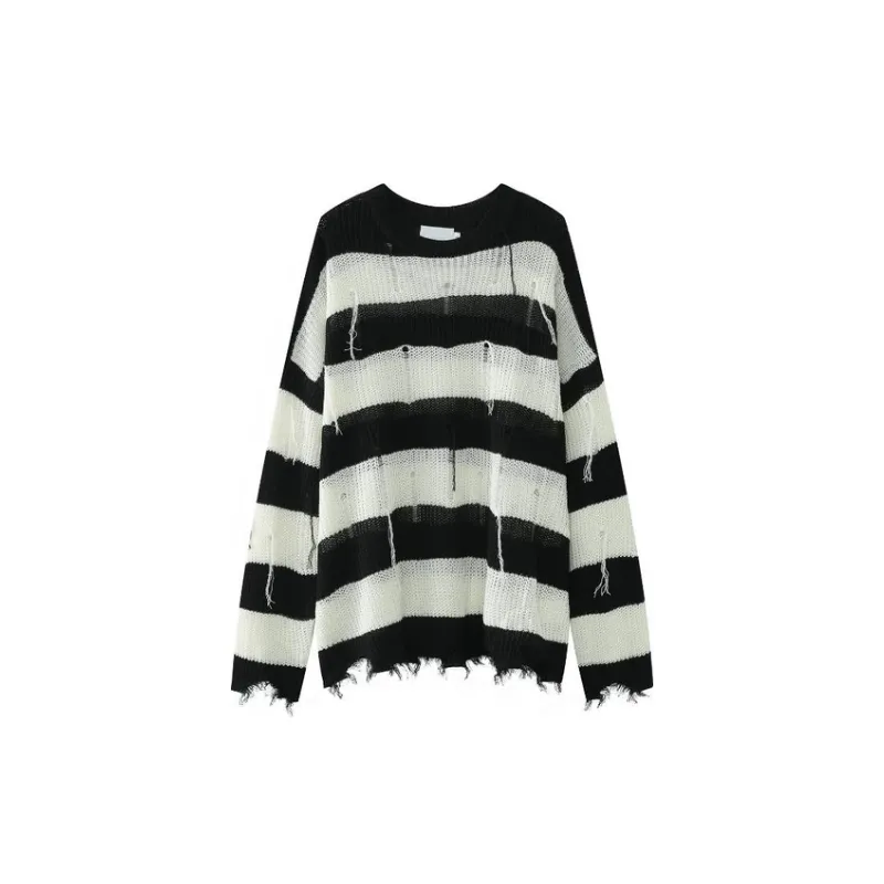 Loose Striped Tassel Hole Pullover Sweater-0