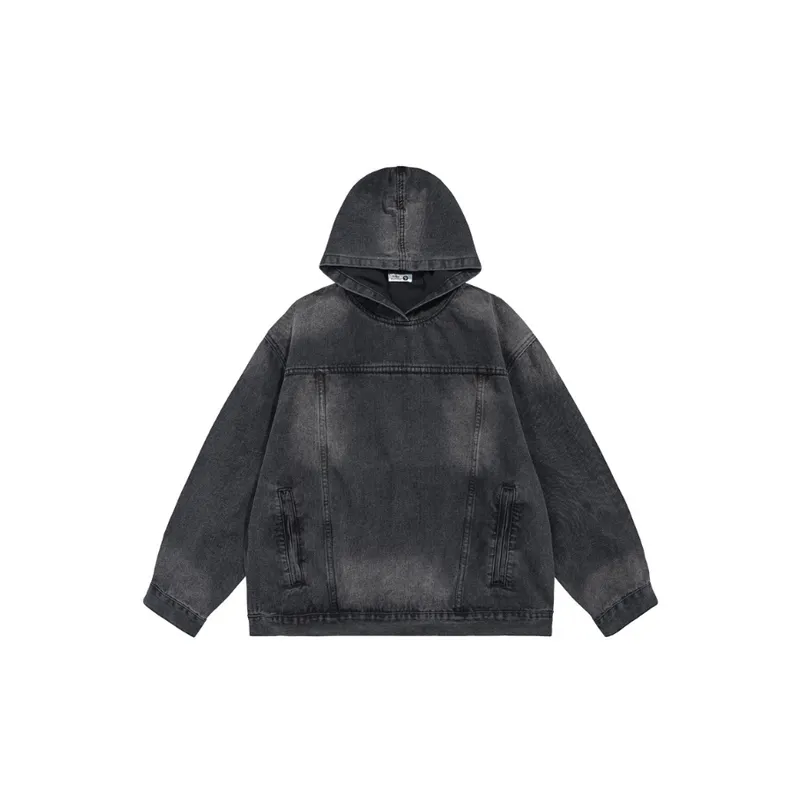 Retro High Street Washed Distressed Denim Hooded Pullover Distinctive Sweatshirt-0