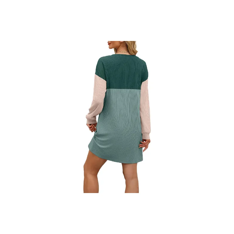 Contrast Color Loose Polyester Dress Women-3