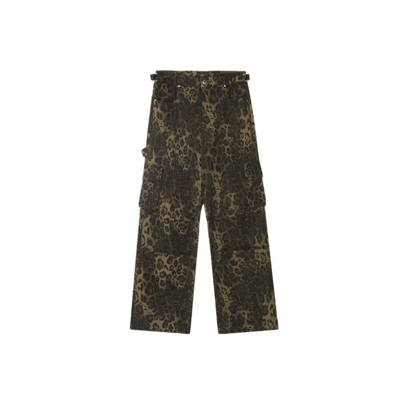 Retro Pleated Design Sense Multi Pocket Crane Pants Street Loose Straight Casual Leopard Print Pants