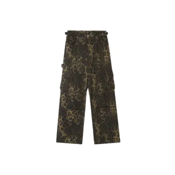 Retro Pleated Design Sense Multi Pocket Crane Pants Street Loose Straight Casual Leopard Print Pants