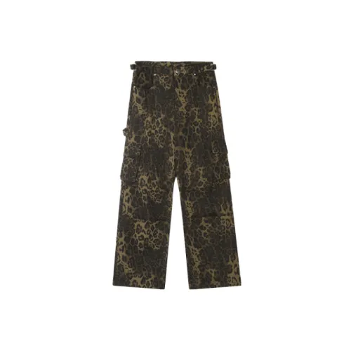 Retro Pleated Design Sense Multi Pocket Crane Pants Street Loose Straight Casual Leopard Print Pants