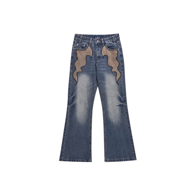 Embroidered Flame Retro Washed Loose Micro flared Pants-0