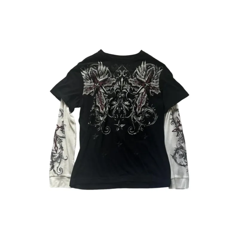 Loose Round Neck Long Sleeved Retro Printing T Shirt-4