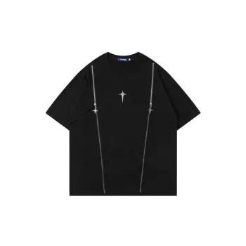 Retro Trendy Cross Star Zipper Design Short Sleeve T shirt