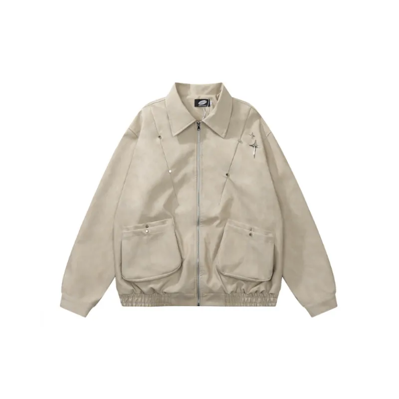 High Street Vintage Stereo Pocket Stitching PU Leather Plagianus Handsome Loose Lapel Jacket