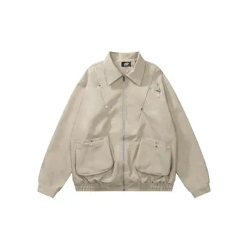 High Street Vintage Stereo Pocket Stitching PU Leather Plagianus Handsome Loose Lapel Jacket