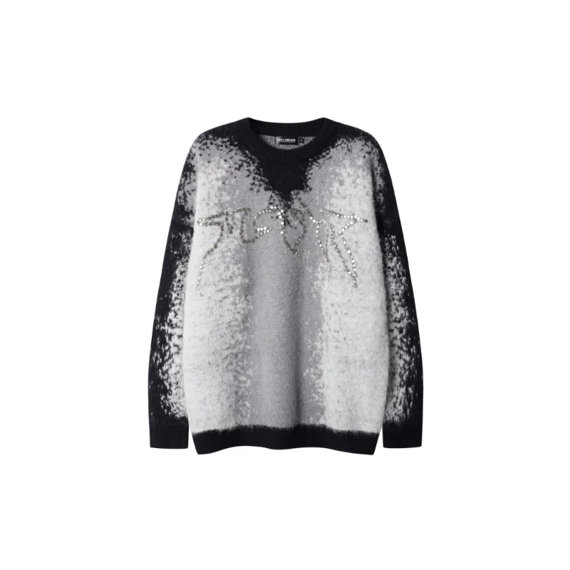 Retro Gradient Jacquard Metal Beads Decorative Contrast Crewneck Turtleneck Sweater-3