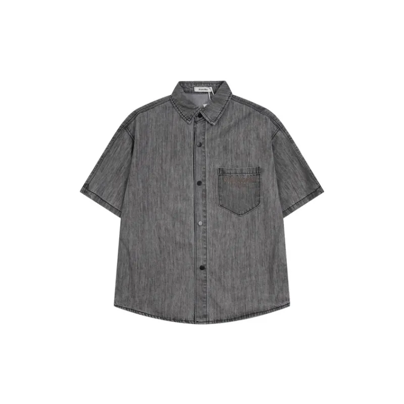 Gothic Letter Trendy Mud Dyed Denim Shirt-4