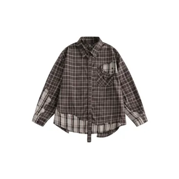 Retro Broken Holes Patch Plaid Shirt