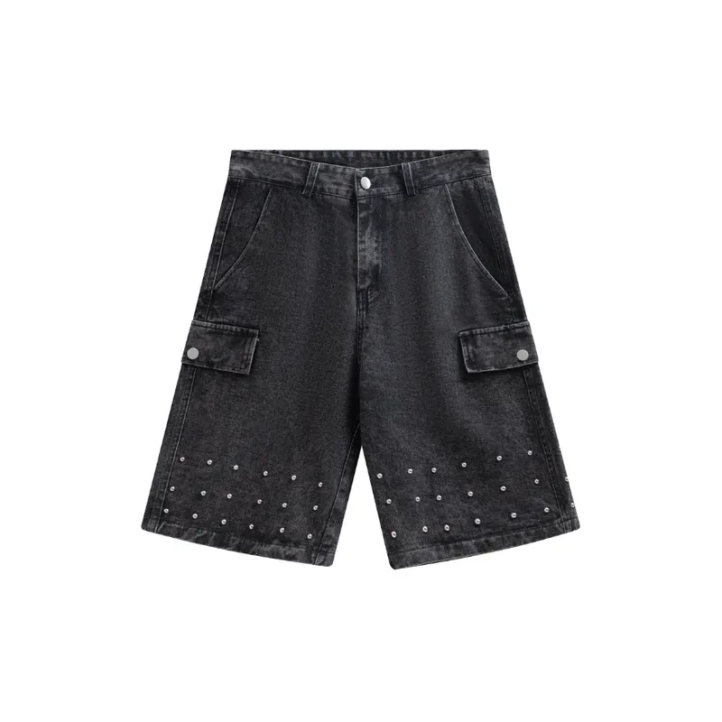 Loose Trendy Rivet Denim Shorts-4