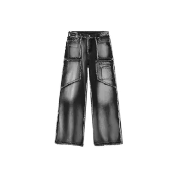 Retro Distressed Washed Burr Straight Tube Stitching Jeans