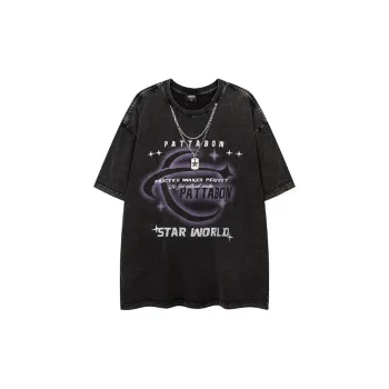 Retro Old Washed Necklace Printed Round Neck Short Sleeve T shirt