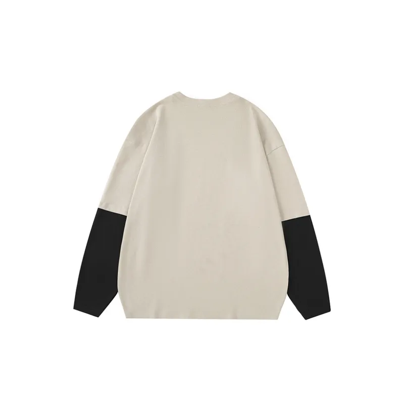 Retro Cartoon Printing Niche Design Contrast Color Stitching Fake Two piece Long sleeved Crewneck T shirt-3