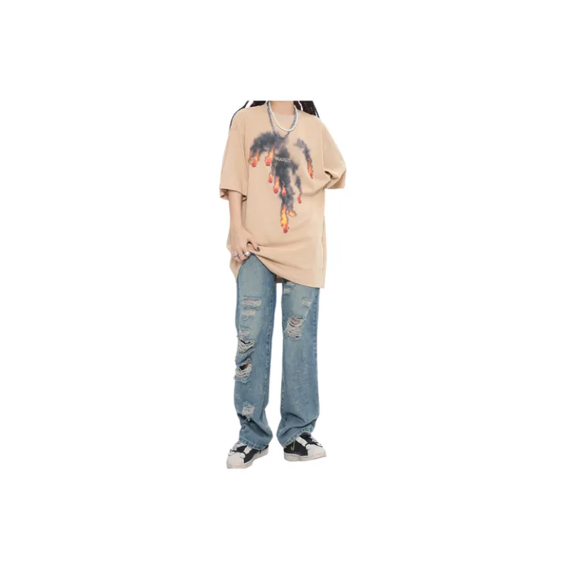 Oversize Fireball Printed Loose Crewneck Cotton Short sleeved T shirt-3
