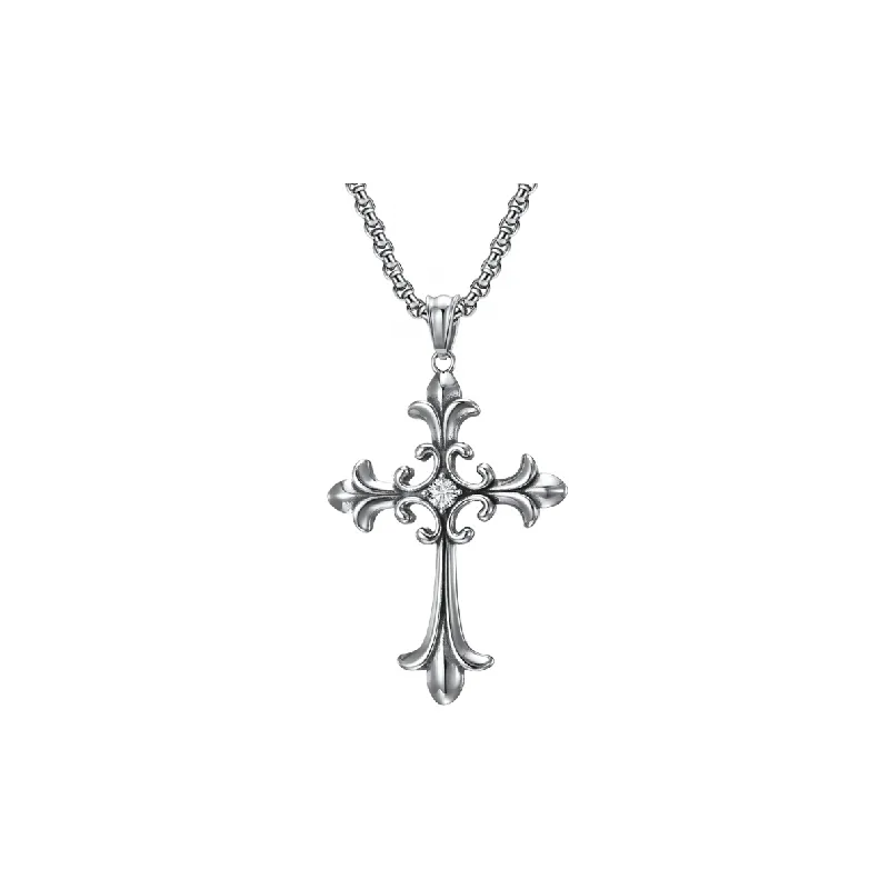 Gothic Style Vintage Cross Diamond encrusted Titanium Steel Pendant Necklace