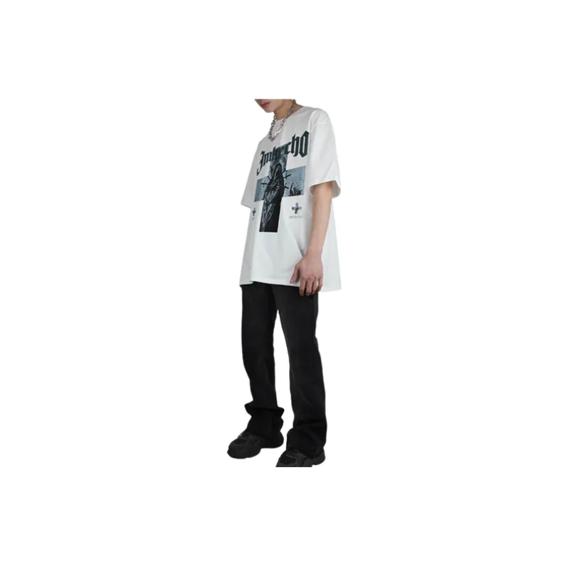 Retro Antique Washed Cross Figure Print T shirt-22