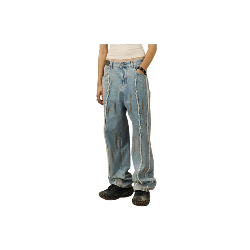 Raw Hem Design Embroidered Washed Oversized Pants-2