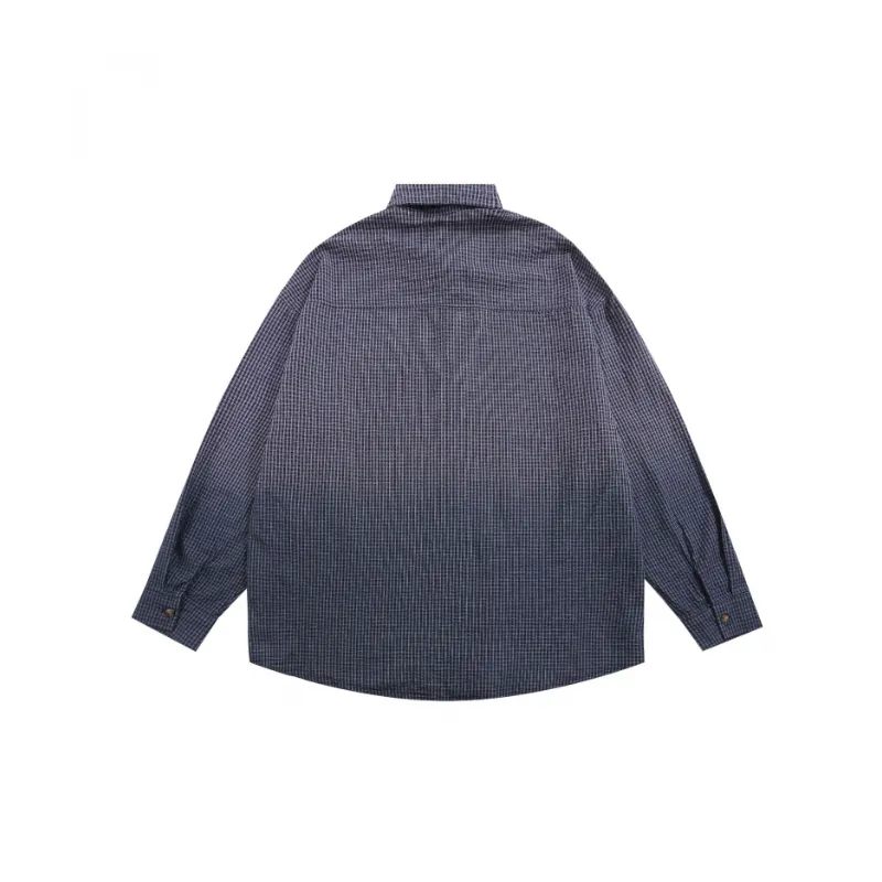 Retro Gradient Plaid Long Sleeved Couple Shirt-5