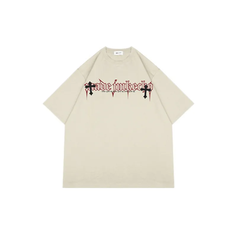 Vintage Cross Printed Washed Short sleeved T shirt-26