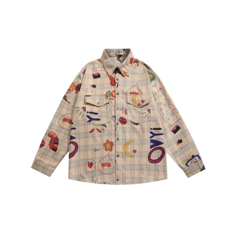 Retro Cartoon Graffiti Print Plaid Long Sleeve Shirt