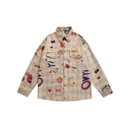 Retro Cartoon Graffiti Print Plaid Long Sleeve Shirt