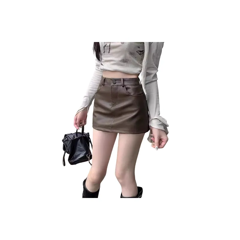 Simple Skort Leather Skirt Women-2